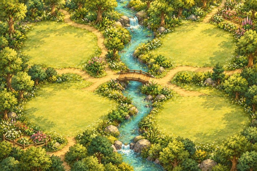The painted village map with paths, a stream and a little bridge